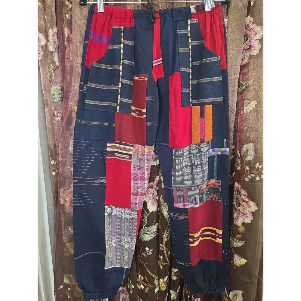 Womens Patchwork Boho Pants Joggers Medium Tie String - Picture 2 of 13